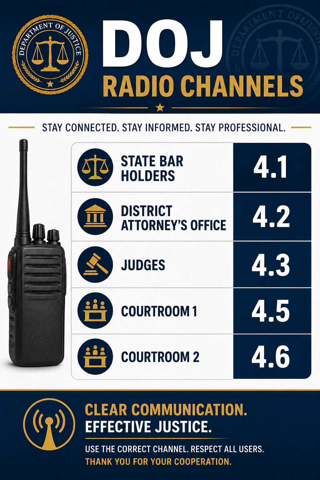 DOJ radio channels poster: State Bar 4.1, DA 4.2, Judges 4.3, Courtroom 1 4.5, Courtroom 2 4.6